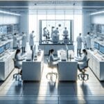Laboratorio moderno con científicos analizando muestras en un entorno tecnológico