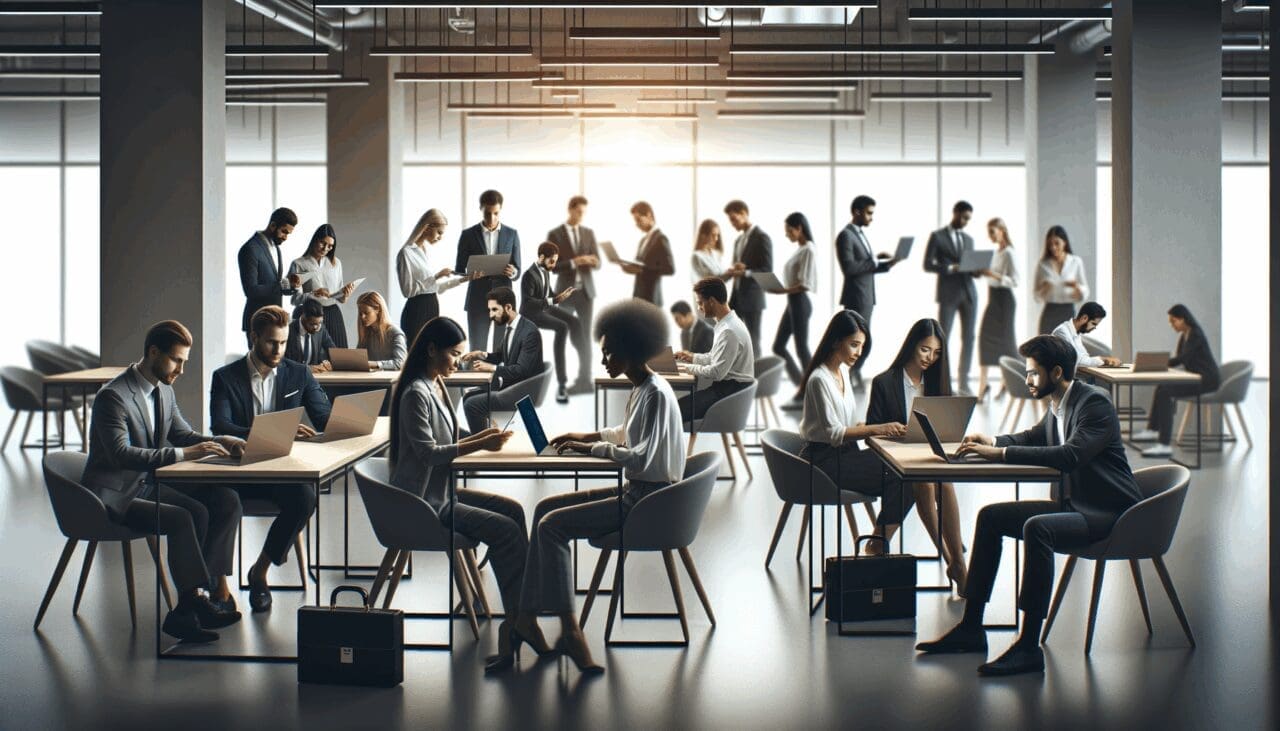 Espacio de coworking moderno con emprendedores colaborando en laptops