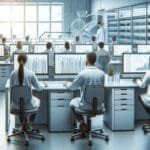 Laboratorio moderno con científicos trabajando en análisis genético con computadoras