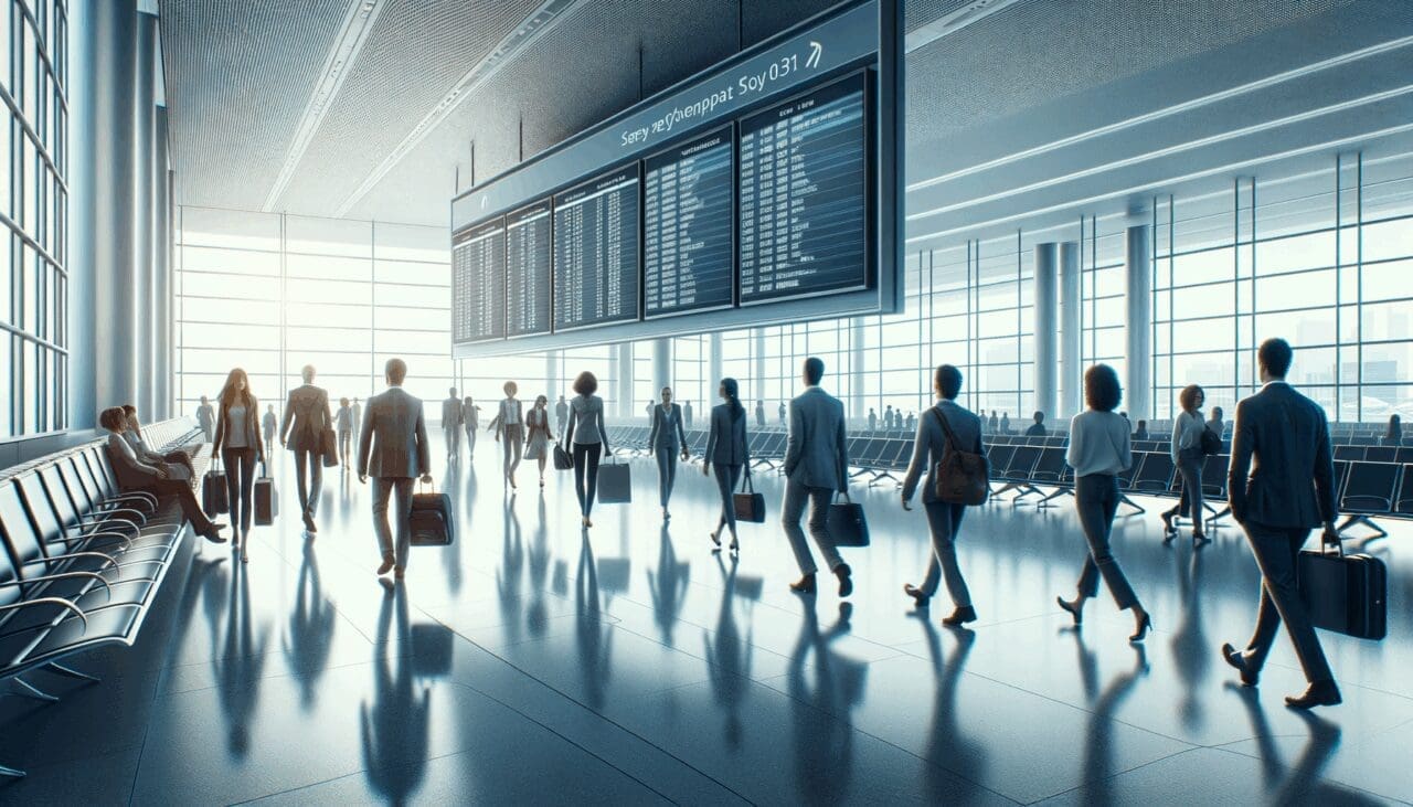 Pasajeros caminando en un aeropuerto moderno con pantallas digitales de información