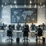 Equipo de desarrolladores fintech trabajando en una oficina moderna con pantallas de código y gráficos financieros