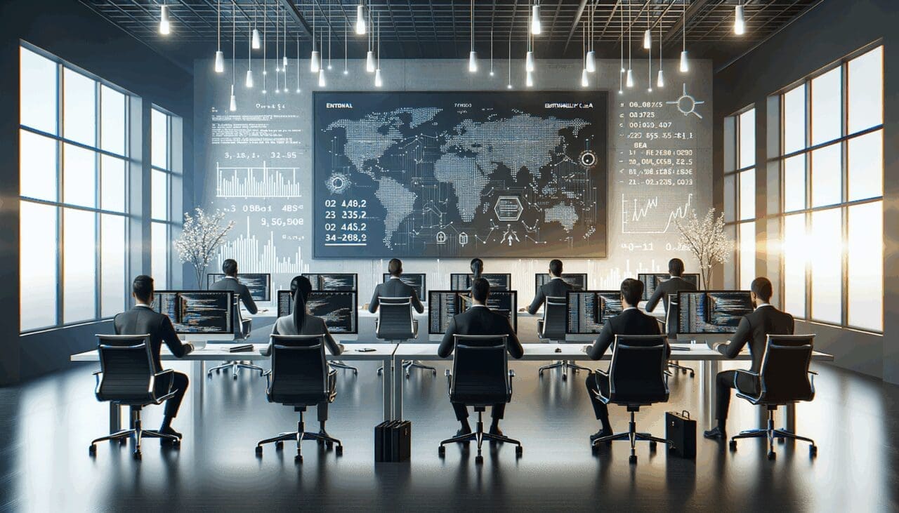 Equipo de desarrolladores fintech trabajando en una oficina moderna con pantallas de código y gráficos financieros