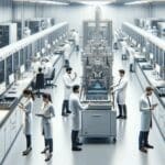 Sala limpia de producción de chips con ingenieros trabajando en maquinaria tecnológica.