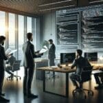 Oficina moderna con emprendedores revisando documentos legales y pantallas con código