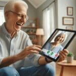 Adulto mayor sonriente recibiendo una videollamada en una tablet en su hogar