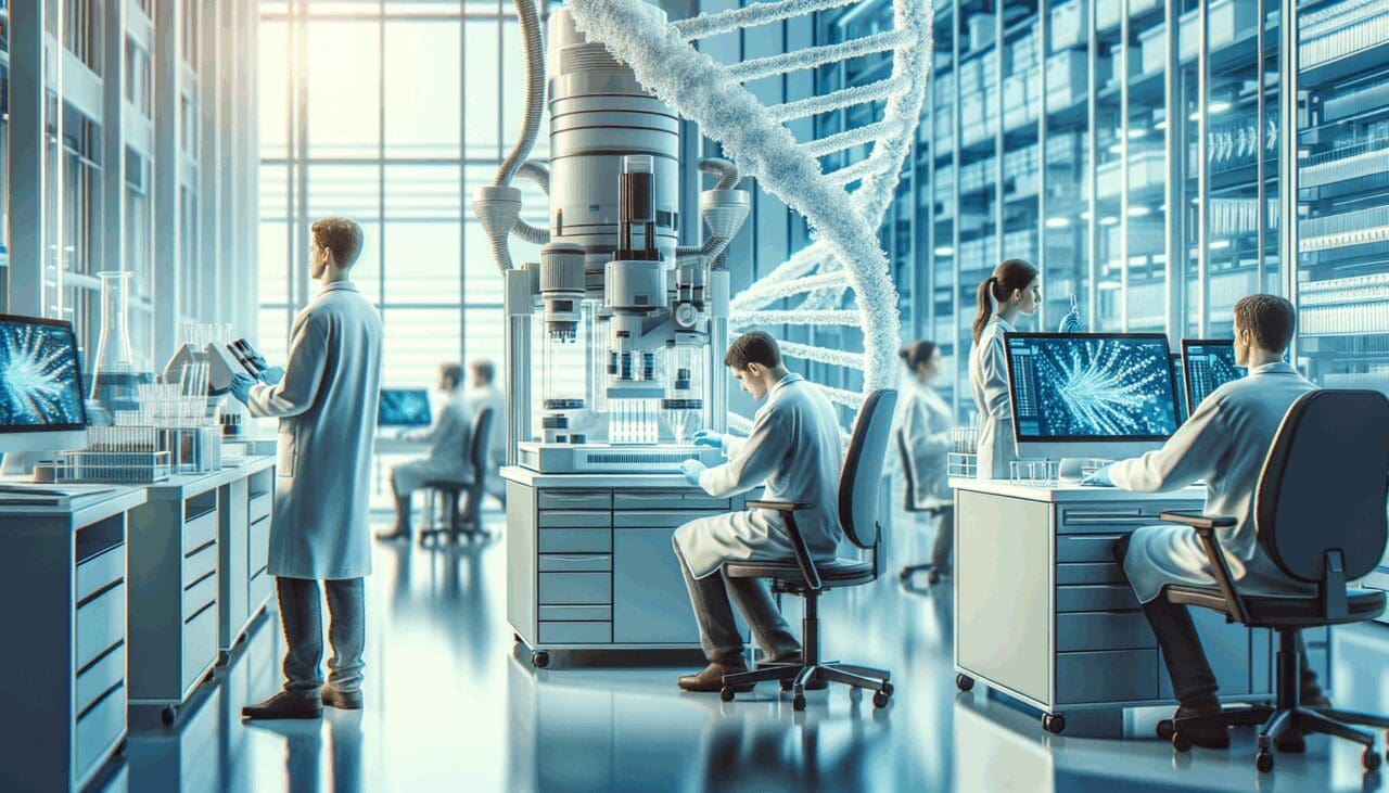 Laboratorio de biotecnología con científicos trabajando entre equipos de análisis genético