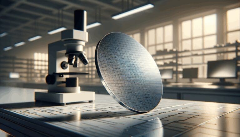Primer plano de una oblea de silicio sobre una mesa de laboratorio bien iluminada