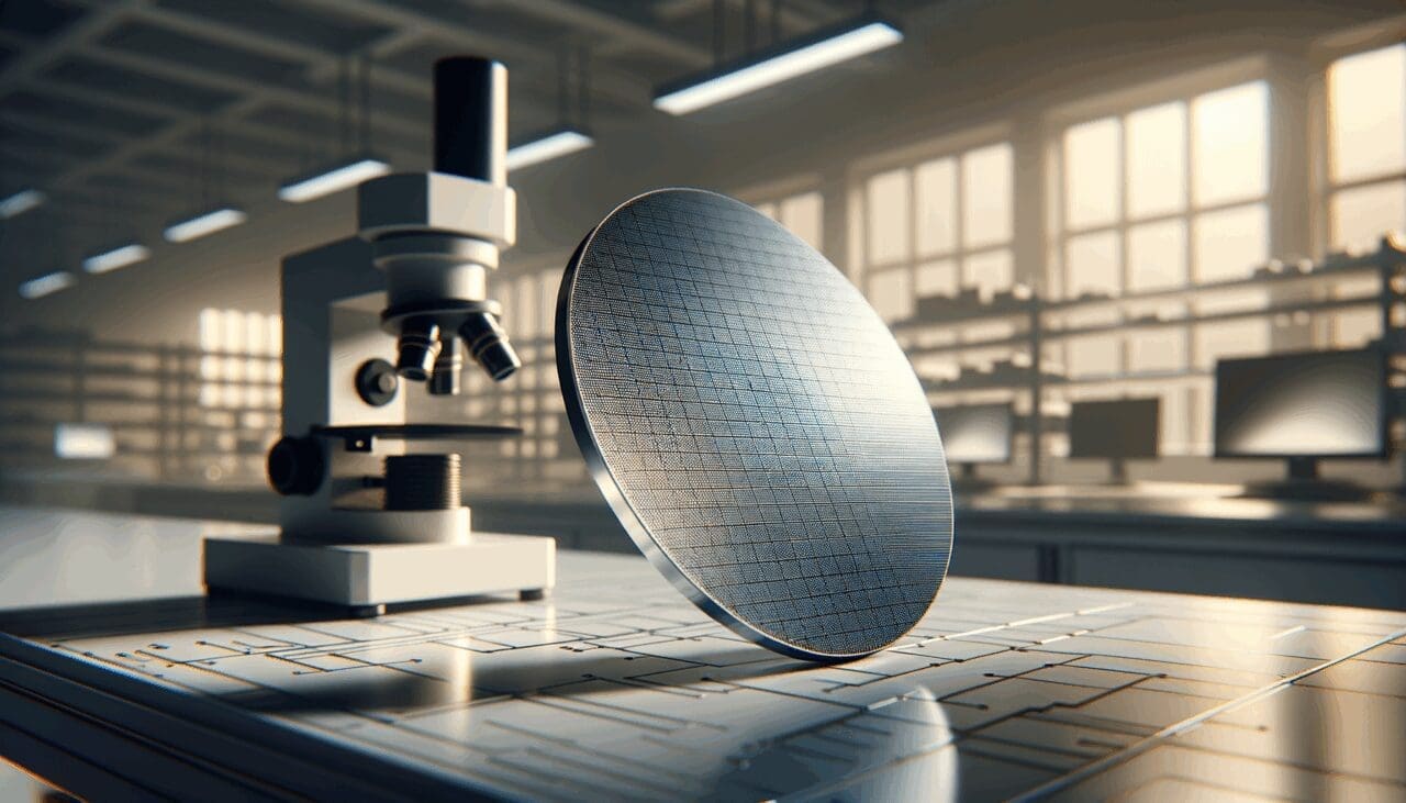 Primer plano de una oblea de silicio sobre una mesa de laboratorio bien iluminada