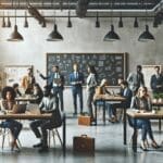 Emprendedores colaborando en un espacio de coworking moderno con pizarras y laptops