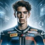 Retrato del piloto Álex Márquez en un entorno urbano moderno con enfoque tecnológico