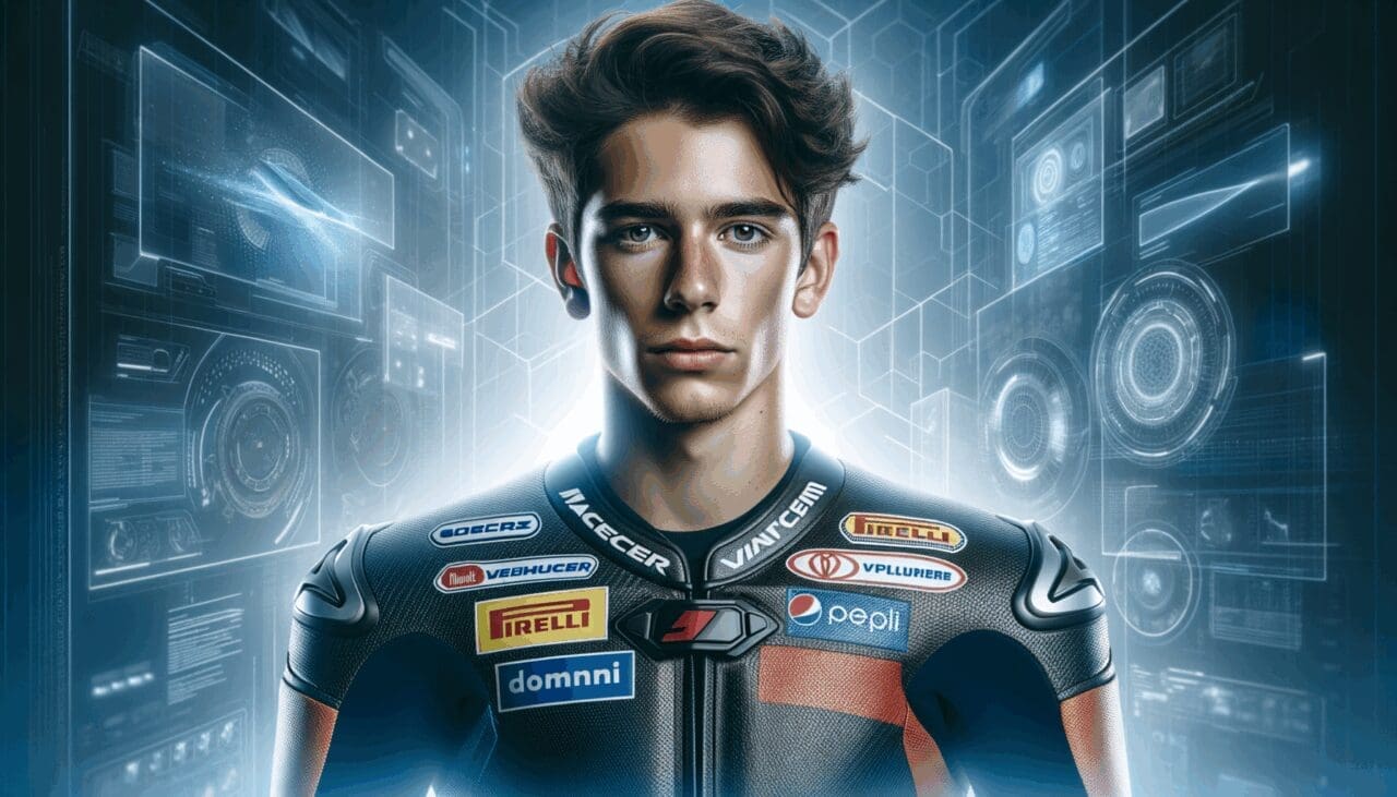 Retrato del piloto Álex Márquez en un entorno urbano moderno con enfoque tecnológico