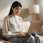 Persona usando una laptop en casa con una videollamada médica con fondo neutro