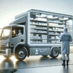 Distribuidor farmacéutico tecnológico entregando productos en una zona rural