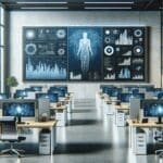Oficinas modernas de una startup con pantallas mostrando gráficos de inteligencia artificial