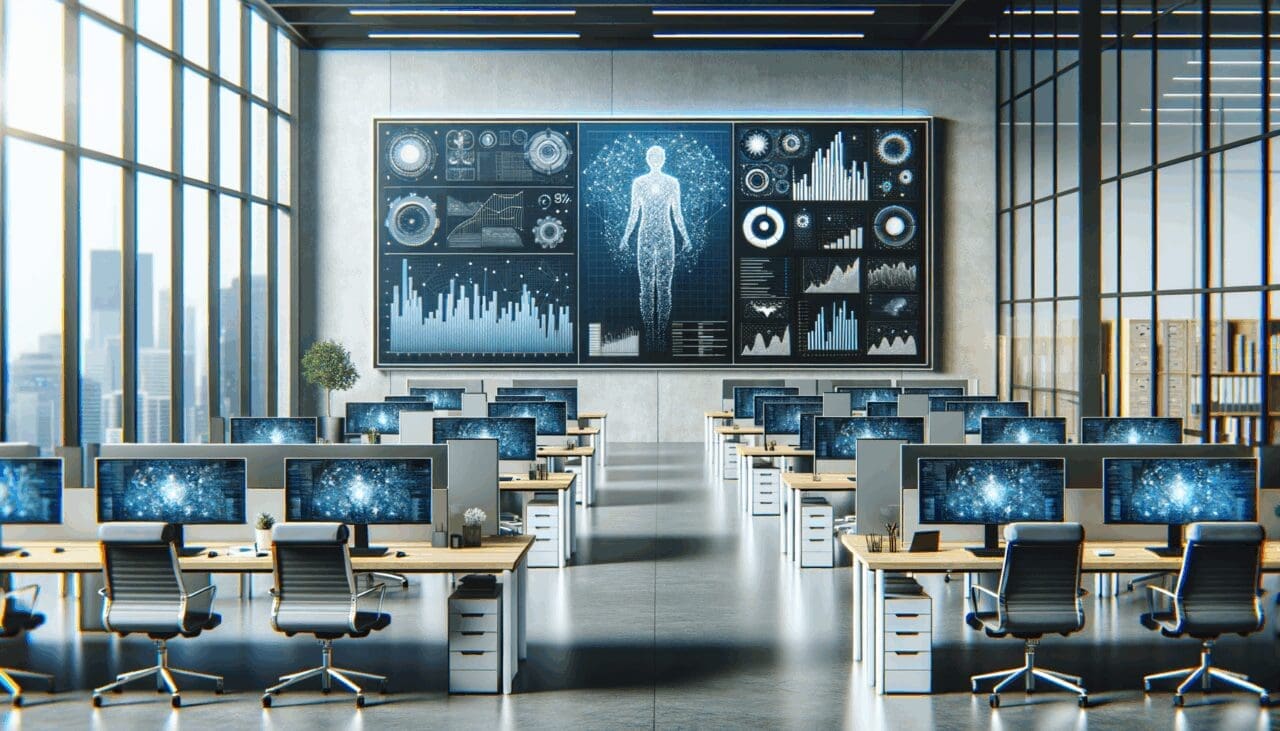 Oficinas modernas de una startup con pantallas mostrando gráficos de inteligencia artificial