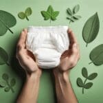 Primer plano de manos sosteniendo un pañal blanco frente a un fondo natural verde y ecológico