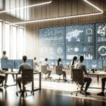 Equipo de desarrolladores trabajando en una oficina moderna con pantallas de datos