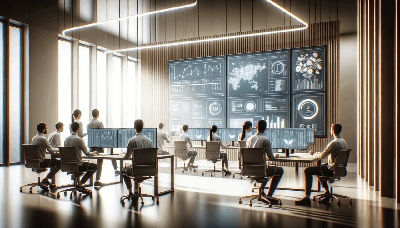 Equipo de desarrolladores trabajando en una oficina moderna con pantallas de datos