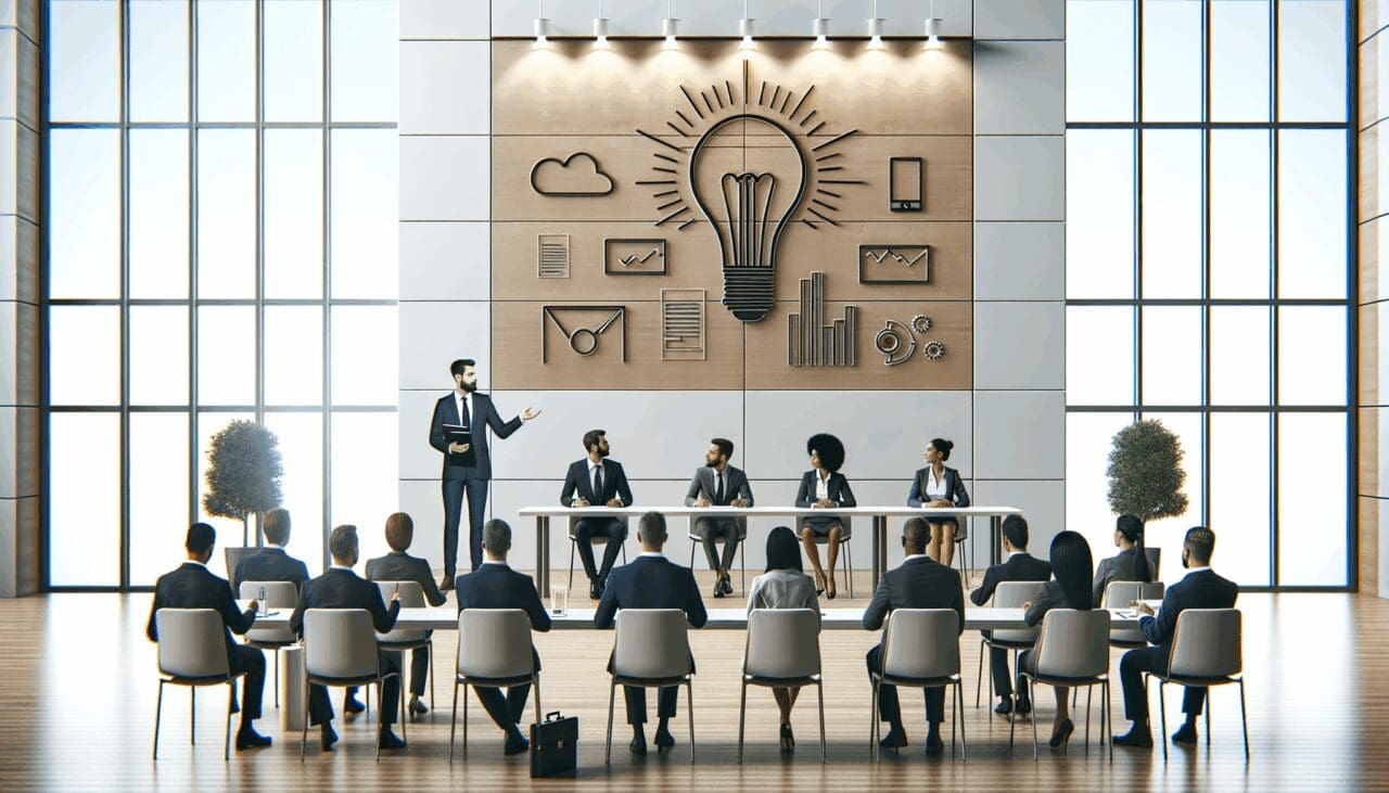 Sala de conferencias moderna con emprendedores presentando sus ideas a un jurado atento