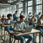 Grupo de jóvenes emprendedores trabajando en laptops dentro de un espacio de coworking moderno