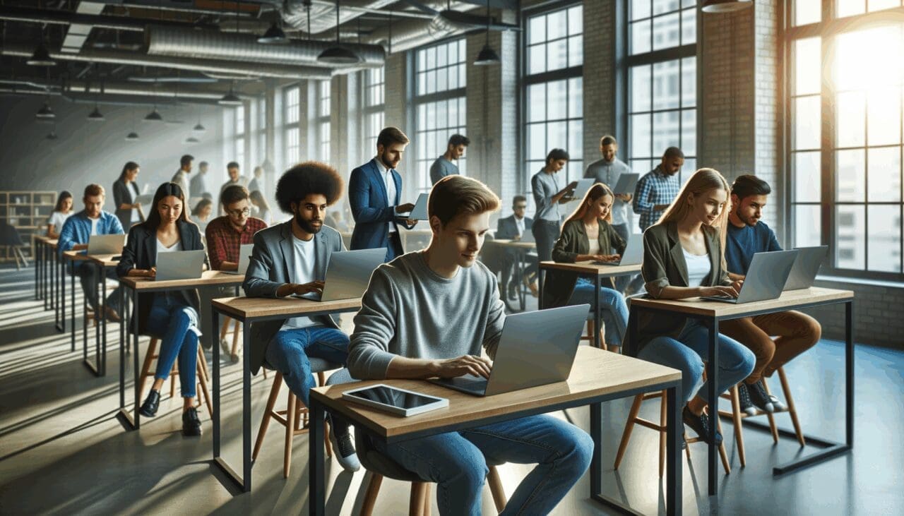 Grupo de jóvenes emprendedores trabajando en laptops dentro de un espacio de coworking moderno