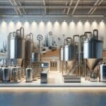 Fotografía de un laboratorio costero moderno con maquinaria bioindustrial y tanques de procesamiento