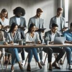 Equipo de trabajo diverso reunido en una oficina moderna con ambiente relajado