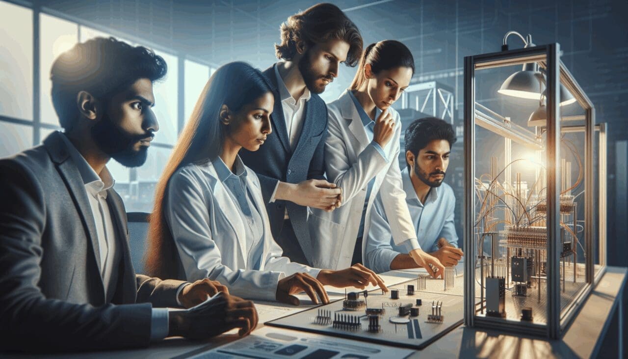 Equipo de emprendedores analizando prototipos tecnológicos en un laboratorio moderno