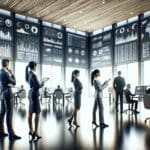 Equipo de trabajo revisando datos en una oficina moderna con pantallas digitales