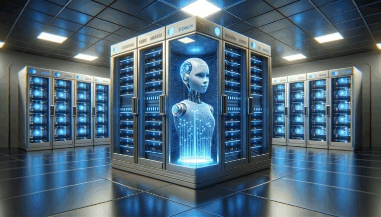 Sala de servidores futurista con luces azules que representan inteligencia artificial