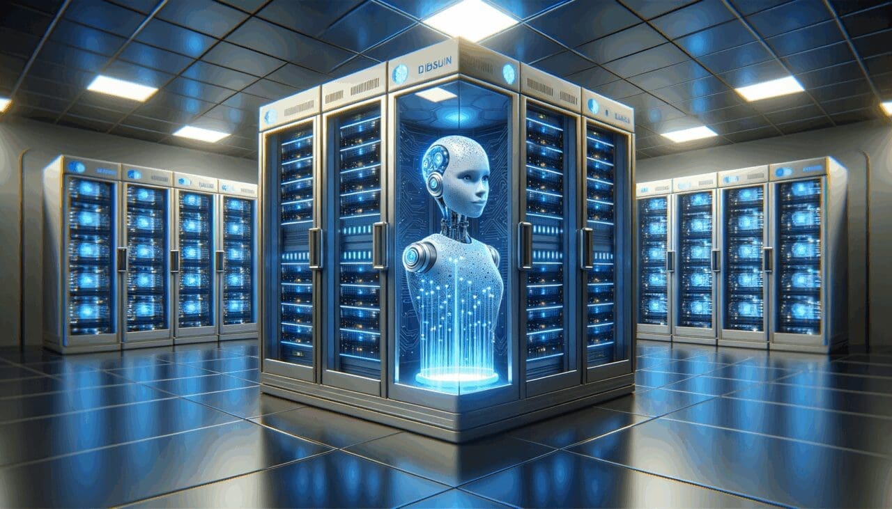 Sala de servidores futurista con luces azules que representan inteligencia artificial