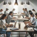 Jóvenes programadores trabajando frente a laptops en un espacio de coworking moderno