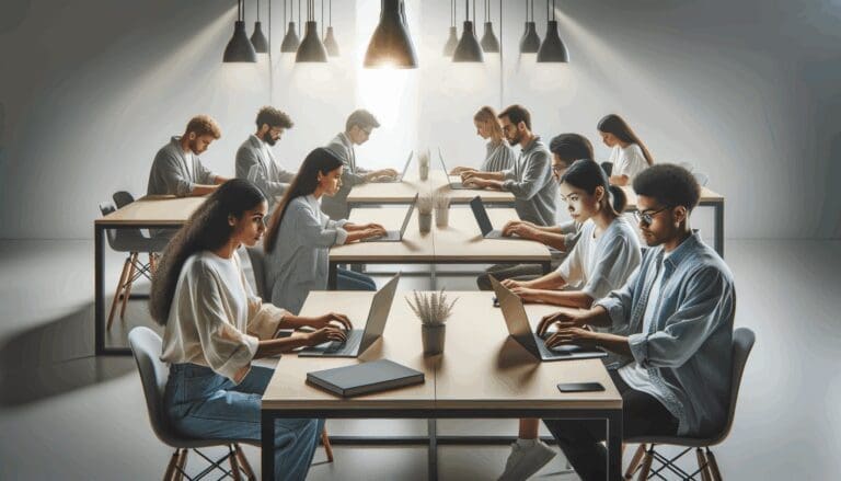 Jóvenes programadores trabajando frente a laptops en un espacio de coworking moderno