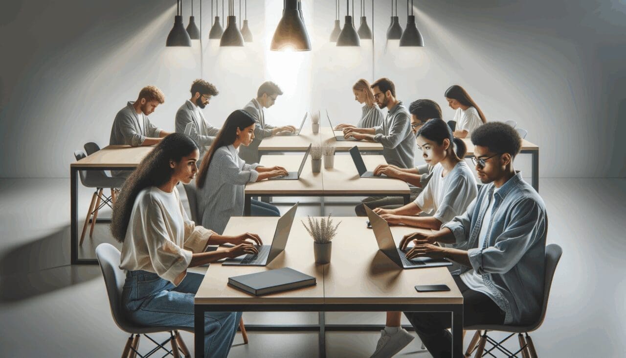 Jóvenes programadores trabajando frente a laptops en un espacio de coworking moderno