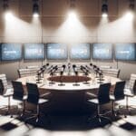 Mesa de debate en estudio de radio con micrófonos y pantallas digitales