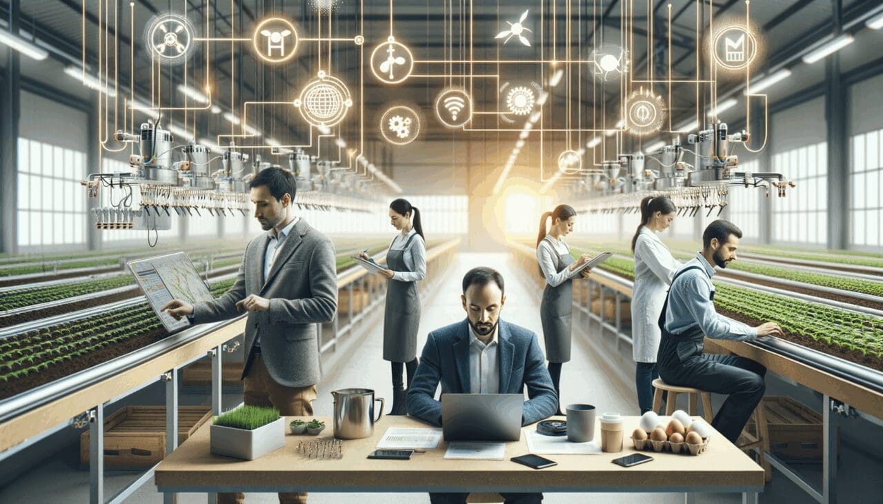 Emprendedores trabajando en una granja inteligente con tecnología agrícola y sensores