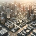 Vista aérea de un parque tecnológico con edificios modernos y elementos de infraestructura electrónica