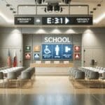 Interior de una escuela con tecnología de seguridad y señalización de emergencia instalada