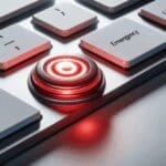 Un teclado de computadora con un botón de emergencia en color rojo rodeado de luz.