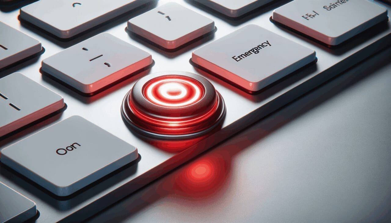 Un teclado de computadora con un botón de emergencia en color rojo rodeado de luz.
