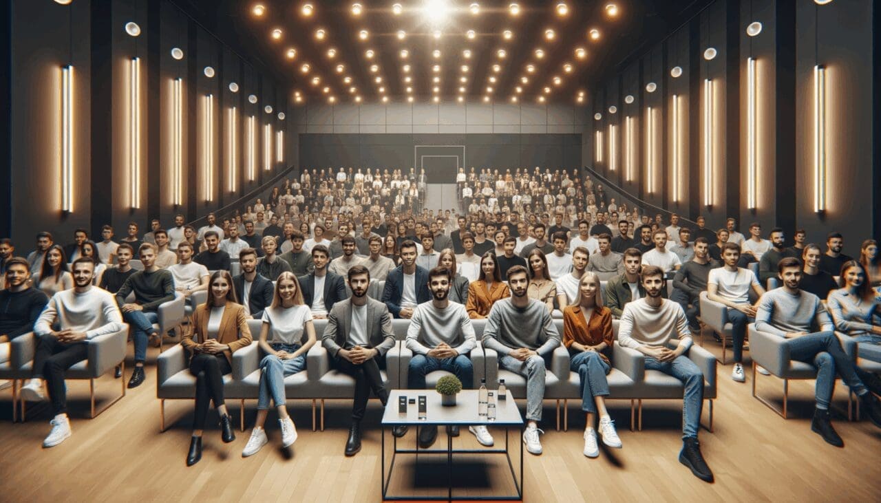 Participantes reunidos en un auditorio moderno durante una competencia de startups