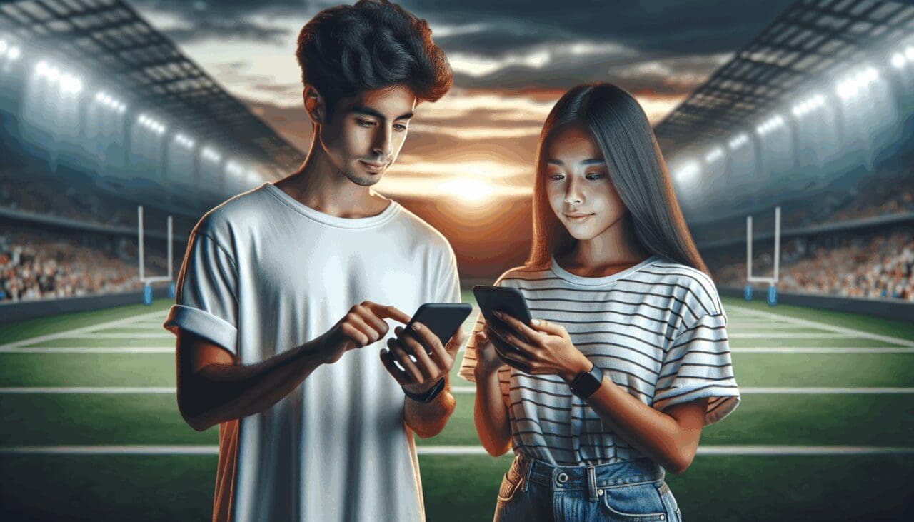 Dos jóvenes con celulares consultando una app al borde de una cancha de fútbol al atardecer