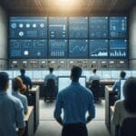 Ingenieros observando pantallas con datos en tiempo real dentro de una sala de control industrial