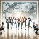 Equipo de emprendedores celebrando en un entorno moderno con pantallas tecnológicas de fondo