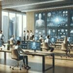 Oficinas modernas con desarrolladores trabajando frente a pantallas con gráficos de IA