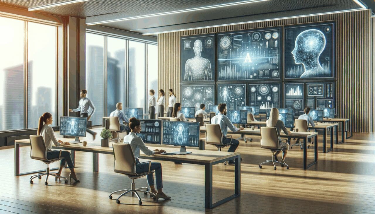 Oficinas modernas con desarrolladores trabajando frente a pantallas con gráficos de IA