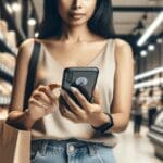 Primer plano de una persona escaneando un producto alimenticio con su smartphone en un supermercado moderno