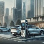 Estación de carga eléctrica moderna en una ciudad, con autos enchufados y arquitectura contemporánea de fondo