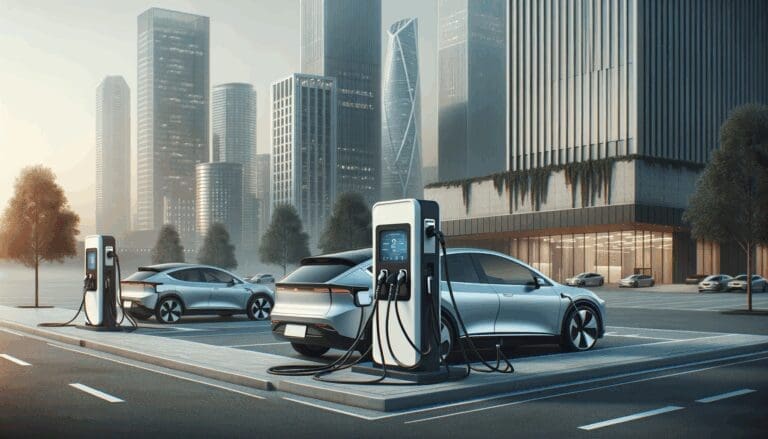 Estación de carga eléctrica moderna en una ciudad, con autos enchufados y arquitectura contemporánea de fondo