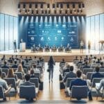 Auditorio moderno con emprendedores y jurado evaluando startups en competencia en vivo